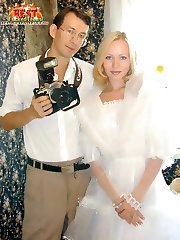 Sexy blonde bride showing her pussy to a photographer and letting him lick and fuck her